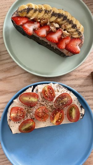 Almond butter toast and vegan cream cheese wenn toast   at iVegan Supershop Old Quarter Hanoi - Healthy Plant Based Cafe in Hanoi