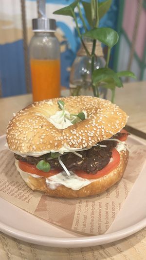 Tempeh bagel - so good!  at iVegan Supershop Old Quarter Hanoi - Healthy Plant Based Cafe in Hanoi