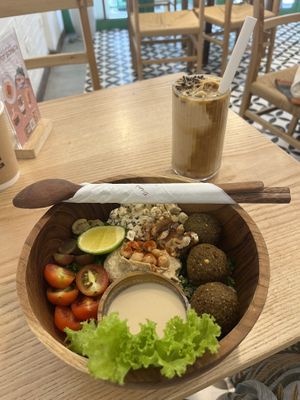 Falafel bowl and iced coconut coffee   at iVegan Supershop Old Quarter Hanoi - Healthy Plant Based Cafe in Hanoi
