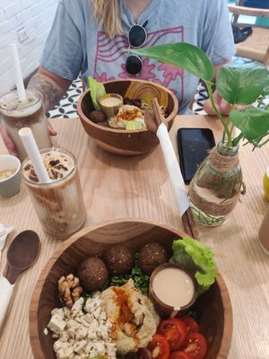 Falafel bowl with coconut coffee at iVegan Supershop Old Quarter Hanoi - Healthy Plant Based Cafe in Hanoi