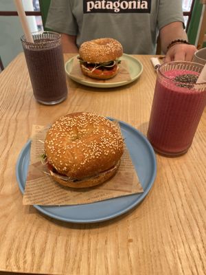 Blueberry muffin smoothie, pink dragonfruit smoothie, tempeh bagels   at iVegan Supershop Old Quarter Hanoi - Healthy Plant Based Cafe in Hanoi