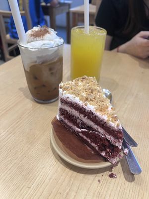 Pistachio cream latte, fresh juice and red velvet   at iVegan Supershop Old Quarter Hanoi - Healthy Plant Based Cafe in Hanoi