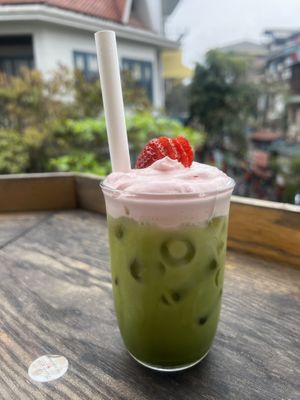 Matcha with strawberry cold foam  at iVegan Supershop Old Quarter Hanoi - Healthy Plant Based Cafe in Hanoi