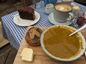 Vegan chocolate cake, vegan soup and roll & vegan butter with soya latte at Braxton Gardens and Tea Rooms in Lymington