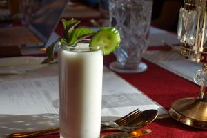 Douch (refreshing yoghurt drink with mint, cucumber, and a pinch of salt) (vegan) at Weissberg Restaurant in Saarbrucken