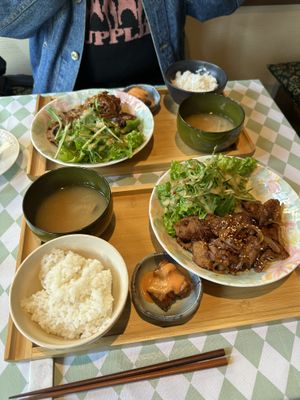 Grilled meat set with fried tempeh, miso soup and rice - great portion size!  at Silver Backs Cafe in Kyoto