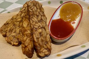 Tempeh goreng with miso dipping saucee  at Silver Backs Cafe in Kyoto