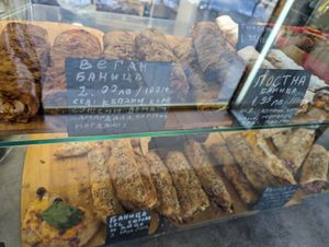 Three types of vegan "banitsa" (the traditional local food, pastry sheets with savoury filling) at Mostly Bakery - Предимно Пекарна София in Sofia