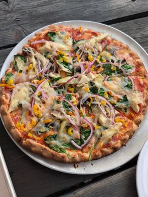 Veggie-veggie pizza with vegan cheese at ManRock Brewing Company in Grover Beach