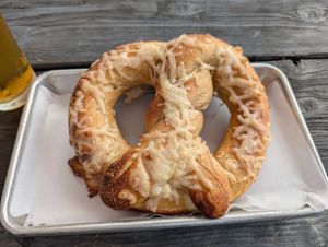Cheddar garlic pretzel with vegan cheese at ManRock Brewing Company in Grover Beach