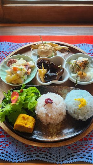 Seasonal hydrangea rice plate at Isso in Kamakura