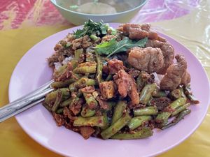 Three choices from the buffet with rice, 45 baht  at Vegetarian Food For Health in Nakhon Ratchasima