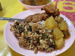 Three choices from the buffet with rice, 45 baht  at Vegetarian Food For Health in Nakhon Ratchasima