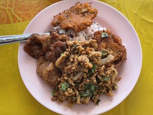 Three choices from the buffet with rice (including a free soup), 40 baht  at Vegetarian Food For Health in Nakhon Ratchasima