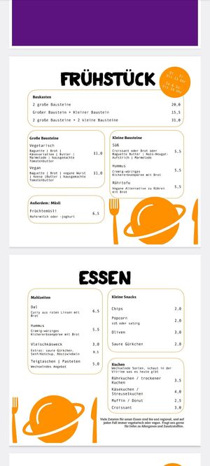 Menu at KOSMOS - temporarily closed in Saarbrucken