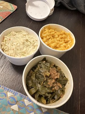 Coleslaw, Mac and Cheese, Collards  at JJs Southern Vegan in Brooklyn