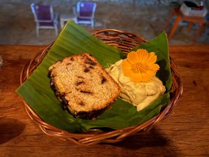 Banana cake with peanuts ice cream at Passiflora in Morro De Sao Paulo