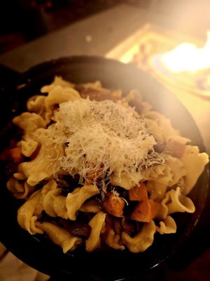 Vegan Harvest Cal-Ital Pasta: butternut squash, mushrooms, bacon, parm, sage, garlic, brown butter sauce. Very hearty! at Mode Brewing & Kitchen in Orangevale