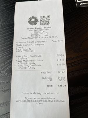Receipt  at Loaded Pierogi in Ottawa
