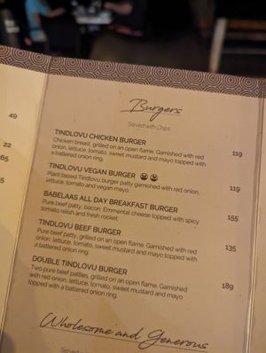 Menu at Tindlovu Restaurant - Letaba Rest Camp in Mpumalanga