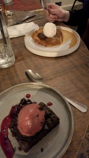 Brownie and pear dessert at The Falcon Inn in Stroud