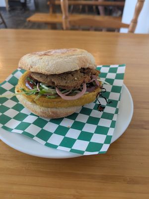 Vegan breakfast sandwich with the house made sausage patty at Cafe Goodluck in Dartmouth
