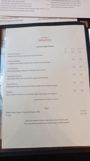 Pizza menu at Renato's in Bristol