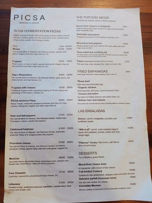 Menu at PICSA in Buenos Aires