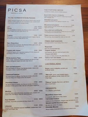 Menu at PICSA in Buenos Aires