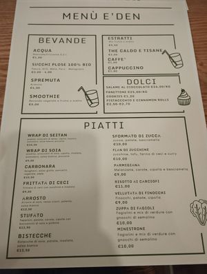 Dinner menu at E'den in Turin