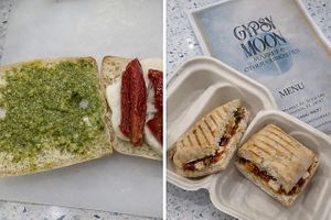 Pesto, sun dried tomato and mozzarella cheese. Vegetarian ! at Gypsy Moon Market in Celebration