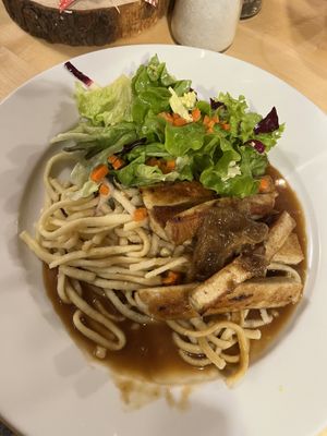 Traditional "Spätzle" noodles with tofu steak and salad  at Naturgasthof Und Ölmühle Hirzwald in Triberg Im Schwarzwald