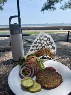 Vegan burger and chips  at Ellis Island Cafe in New York City