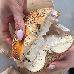 Everything bagel with tofu veggie spreadd  at NYC Bagel and Coffee House in New York City