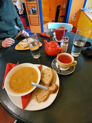 Lentil soup with apricot and Cumin and raspberry tea at Cafe Arriba in Isle Of Skye