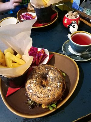 Vegan Bagel with fries at Cafe Arriba in Isle Of Skye