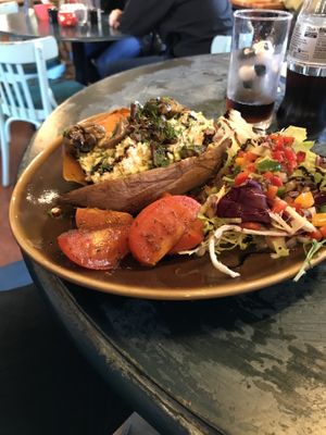 Baked Sweet Potato with hummus, mushrooms and a side salad at Cafe Arriba in Isle Of Skye