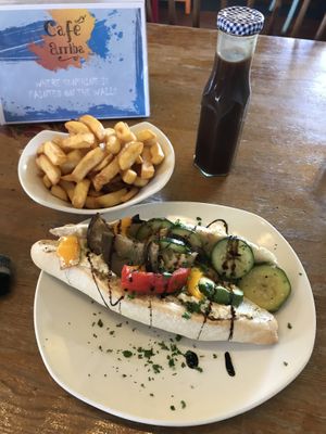 Veganised sandwich of the day - hummus and Mediterranean vegetables - with chips  at Cafe Arriba in Isle Of Skye