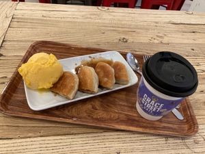 Mango sorbet; Ho-dduk (Korean donut), and coffee at Grace Street Coffee & Dessert in New York City