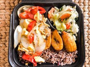 Ackee and vegetables (no salt fish), cabbage salad, rice & peas and plantains. at Sattdown Jamaican Grill in Studio City