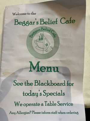 menu at Beggars Belief Cafe in Scarborough