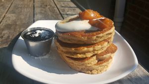 Peaches and cream vegan pancakes  at The Angry Baker - Olde Towne East in Columbus