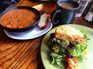 Breakfast sandwich and soup. at The Angry Baker - Olde Towne East in Columbus