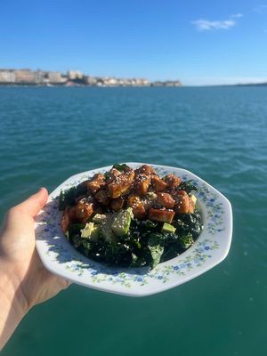Cavolo nero with avocado, marinated crispy tofu and sesame seeds  at Eco Sailors in Lipari