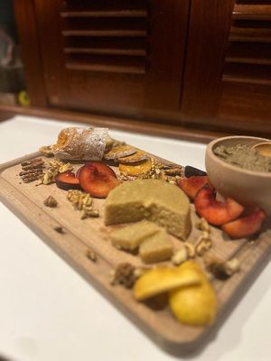 Apero plank; cashew “cheese”, paté from lentils, mushroom and seitan and vegan salumi made from red lentils  at Eco Sailors in Lipari