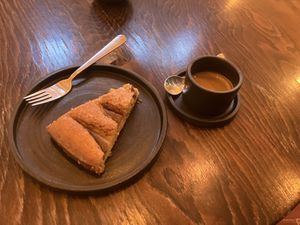 Vegan cake and espresso  at Onyx Boulderspot Café in Leipzig