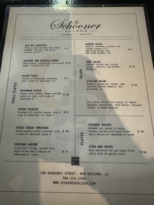 Menu  at The Schooner Saloon in New Orleans