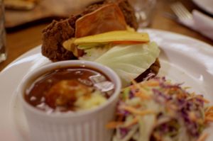 Vegan Double Down (cheez, facon and tomato sandwiched between two southern fried mock chicken fillets. Served with mash 'n' gravy and slaw) at Cornish Arms in Brunswick