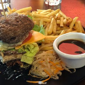 Vegan double downer with mock chicken, cheese, gravy and everything else except the buns. Didn’t even make it halfway. Was good though!  at Cornish Arms in Brunswick