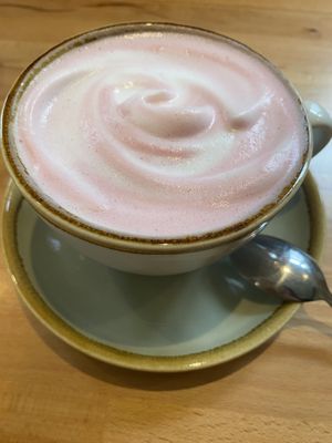 Pink Latte… not pictured but great too: oat capuccino, almond milk chai latte, oat milk golden latte & hot apple-ginger-cinnamon.   at Nöje   in Brussels